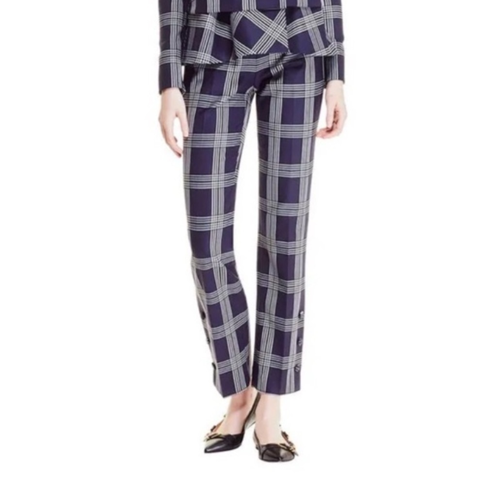 Lela Rose Plaid Trousers Pants Wool Silk Navy Blue
